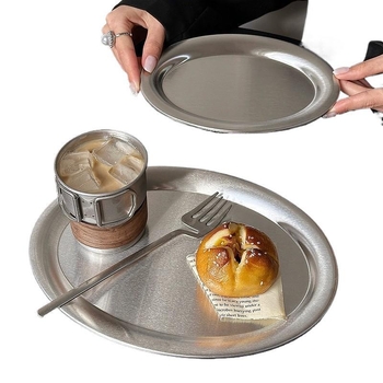 Farfurie plată din oțel inoxidabil, rotundă, stil minimalist modern, suprafață vopsită cu spray, necompatibilă cu cuptorul cu microunde