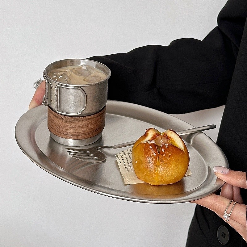 Farfurie plată din oțel inoxidabil, rotundă, stil minimalist modern, suprafață vopsită cu spray, necompatibilă cu cuptorul cu microunde