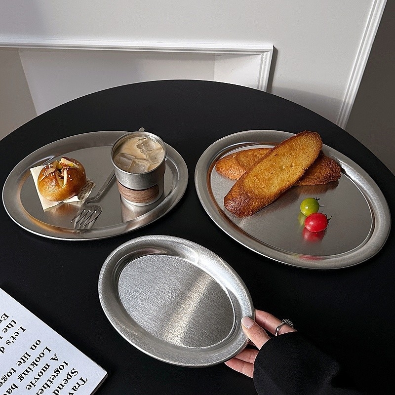 Farfurie plată din oțel inoxidabil, rotundă, stil minimalist modern, suprafață vopsită cu spray, necompatibilă cu cuptorul cu microunde