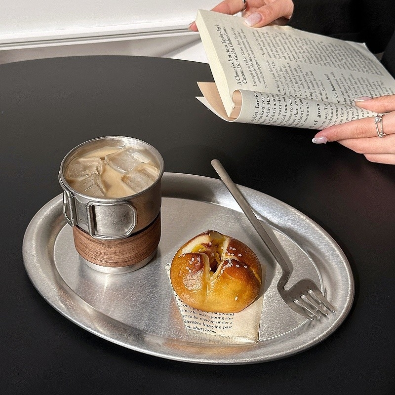 Farfurie plată din oțel inoxidabil, rotundă, stil minimalist modern, suprafață vopsită cu spray, necompatibilă cu cuptorul cu microunde