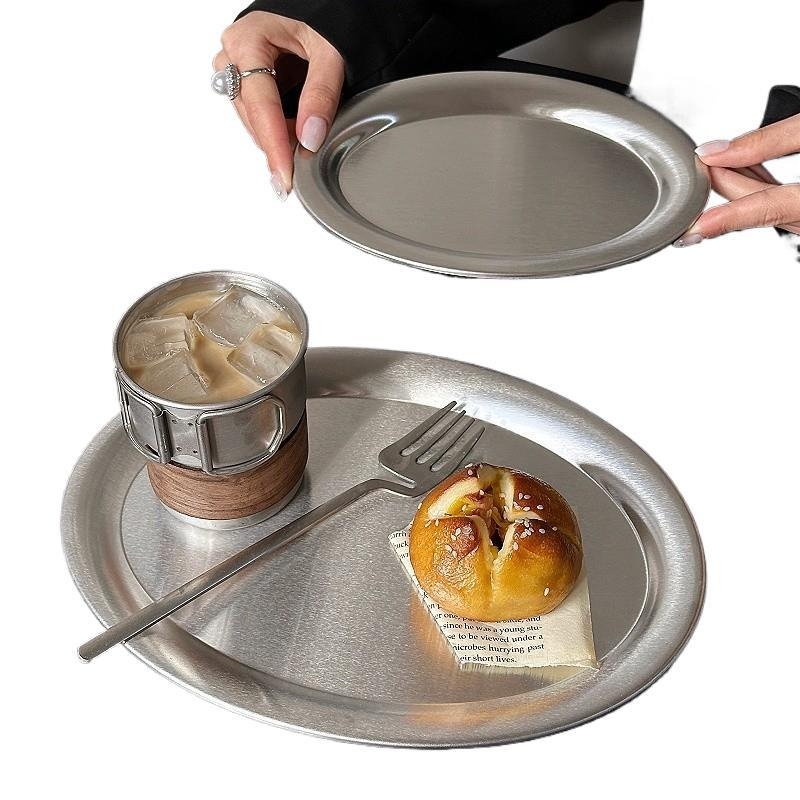 Farfurie plată din oțel inoxidabil, rotundă, stil minimalist modern, suprafață vopsită cu spray, necompatibilă cu cuptorul cu microunde