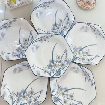 Порцеланов комплект шестоъгълни чинии, китайски стил, подглазурено покритие и еднопластово формоване