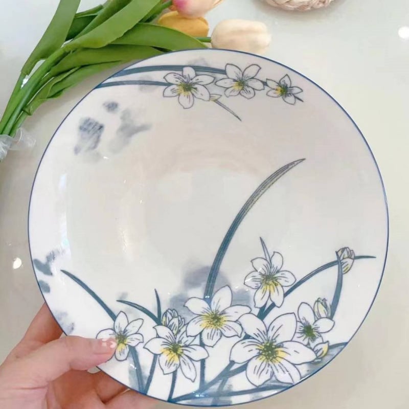 Порцеланов комплект шестоъгълни чинии, китайски стил, подглазурено покритие и еднопластово формоване