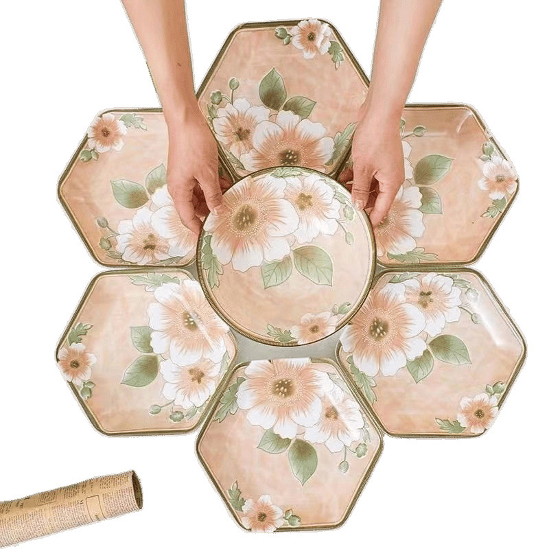 Порцеланов комплект шестоъгълни чинии, китайски стил, подглазурено покритие и еднопластово формоване