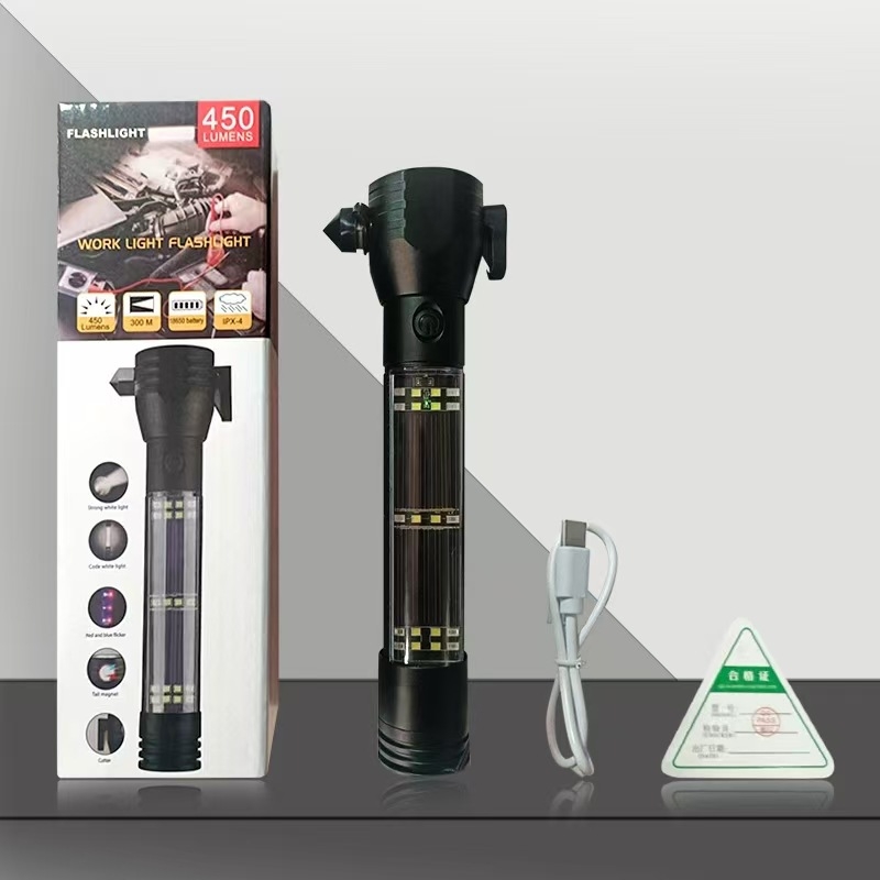 Višenamjenski autosigurnosni alat: čekić za razbijanje prozora, radna svjetiljka, aluminijska legura, 2000 mAh baterija, napajanje putem punjenja, LED + žarulja, ugrađeni power bank, domet 200-500 m