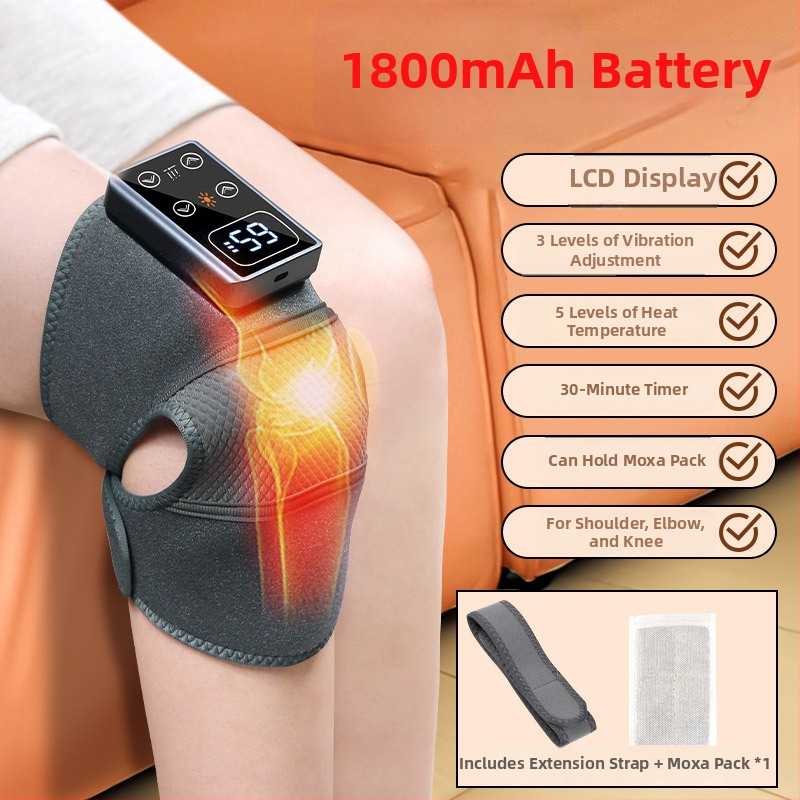 Μασάζ γόνατος με θέρμανση πολλών ζωνών για γόνατο, ώμο και αγκώνα · ευφυής έλεγχος θερμοκρασίας με 3 λειτουργίες · θέρμανση 45–65°C · ισχύς 7.5W, 5V/2A · θερμή συμπίεση μασάζ