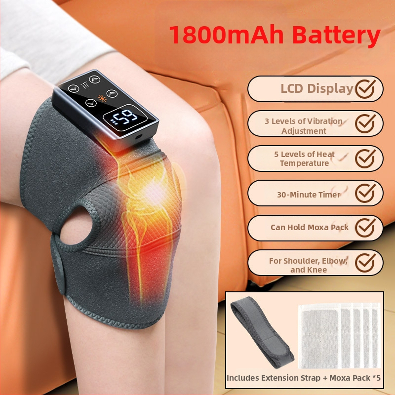 Μασάζ γόνατος με θέρμανση πολλών ζωνών για γόνατο, ώμο και αγκώνα · ευφυής έλεγχος θερμοκρασίας με 3 λειτουργίες · θέρμανση 45–65°C · ισχύς 7.5W, 5V/2A · θερμή συμπίεση μασάζ