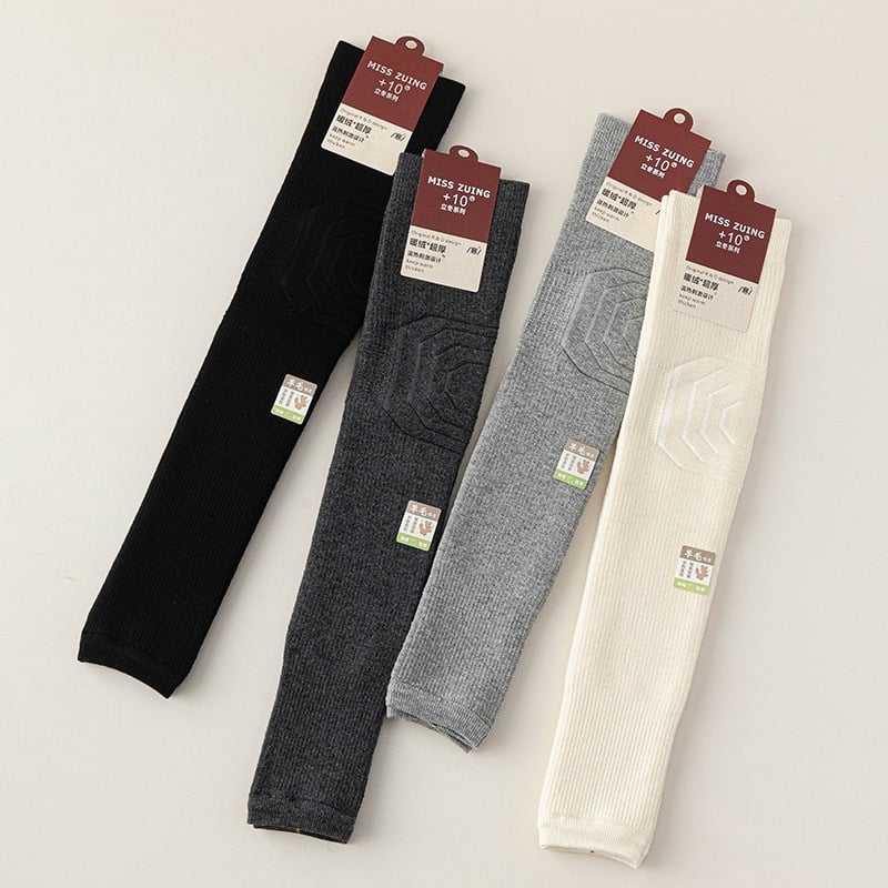 Samostatne vyhrievajúce kolenné návleky na zimu, dlhé nohavice, hrubé froté vnútro; materiály: polyester 51.4%, akryl 25.7%, nylon 15.8%, vlna 3.7%, spandex 3.4% (Dospelí, jeseň 2025)