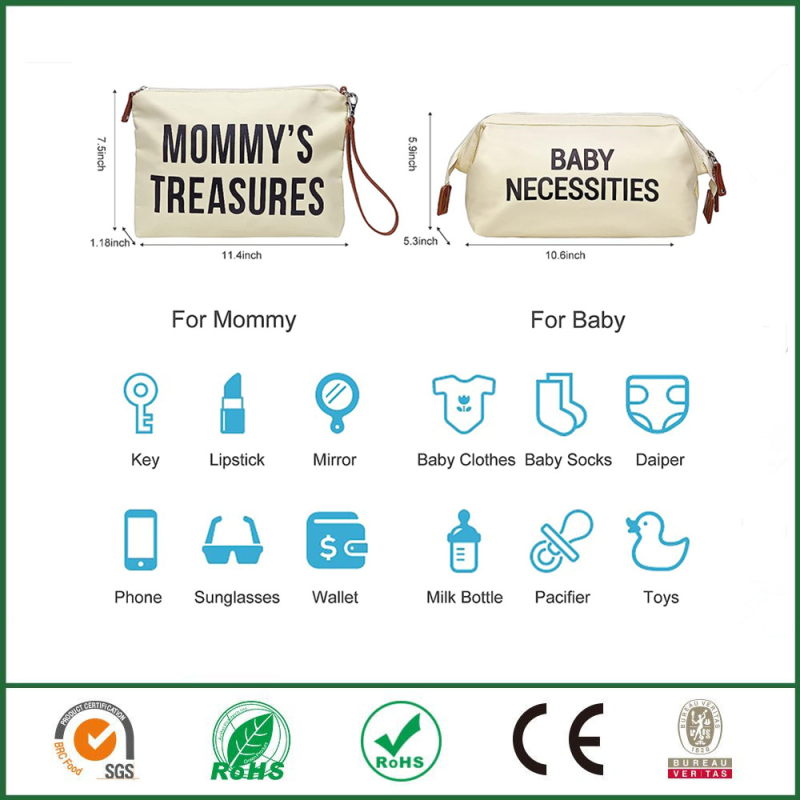 Set din trei părți pentru geantă de mamă de călătorie - geantă de umăr impermeabilă, culoare solidă, material poliester, căptușeală poliester