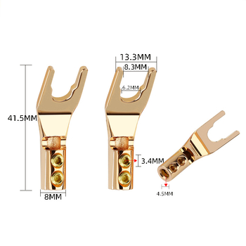 Tīrs vara ar zelta pārklājumu, Y- un U- tipa audio/video savienotāji skaļruņu kabeliem, bez lodēšanas