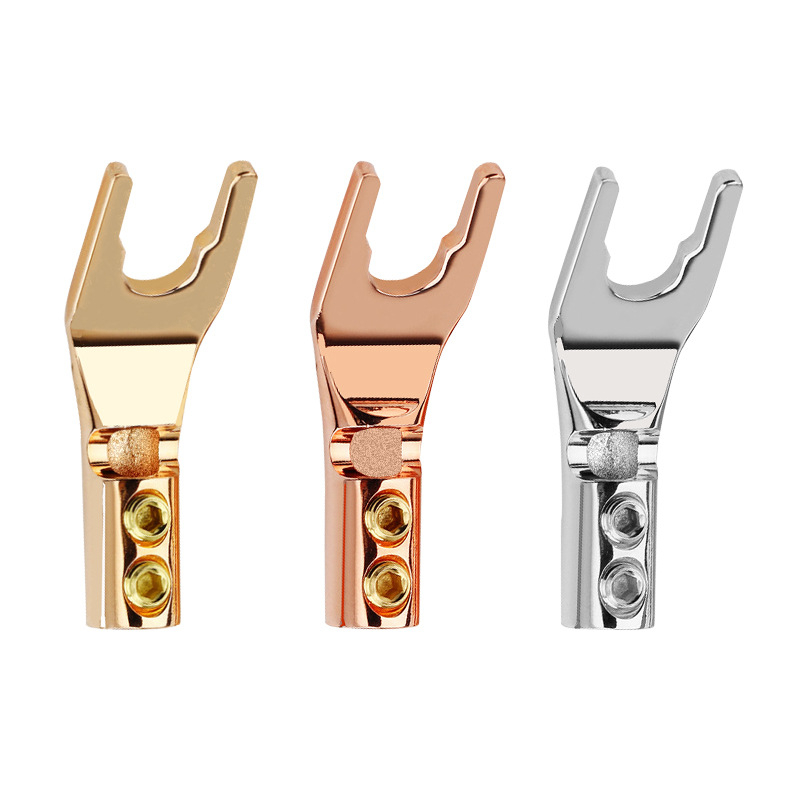 Tīrs vara ar zelta pārklājumu, Y- un U- tipa audio/video savienotāji skaļruņu kabeliem, bez lodēšanas