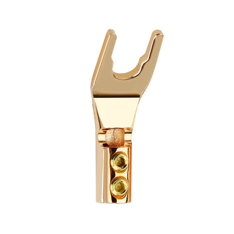 Tīrs vara ar zelta pārklājumu, Y- un U- tipa audio/video savienotāji skaļruņu kabeliem, bez lodēšanas