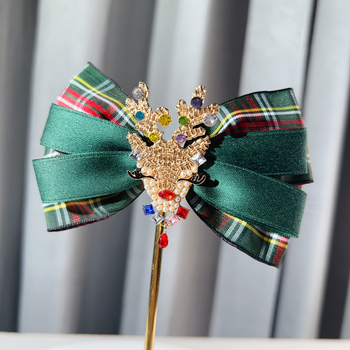 Брошка с ретро панделка от каре плат, кристални камъни, регулираема, електроплатирана