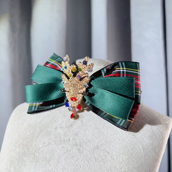 Брошка с ретро панделка от каре плат, кристални камъни, регулираема, електроплатирана