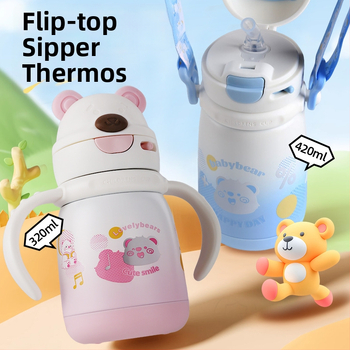 Gyerekeknek szánt hőálló pohár maci fej formájú fogantyúval és hordozókötéllel, belső 316 rozsdamentes acél, 12-24 órás szigetelés, szívószál