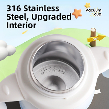 Gyerekeknek szánt hőálló pohár maci fej formájú fogantyúval és hordozókötéllel, belső 316 rozsdamentes acél, 12-24 órás szigetelés, szívószál