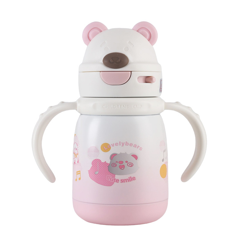 Gyerekeknek szánt hőálló pohár maci fej formájú fogantyúval és hordozókötéllel, belső 316 rozsdamentes acél, 12-24 órás szigetelés, szívószál
