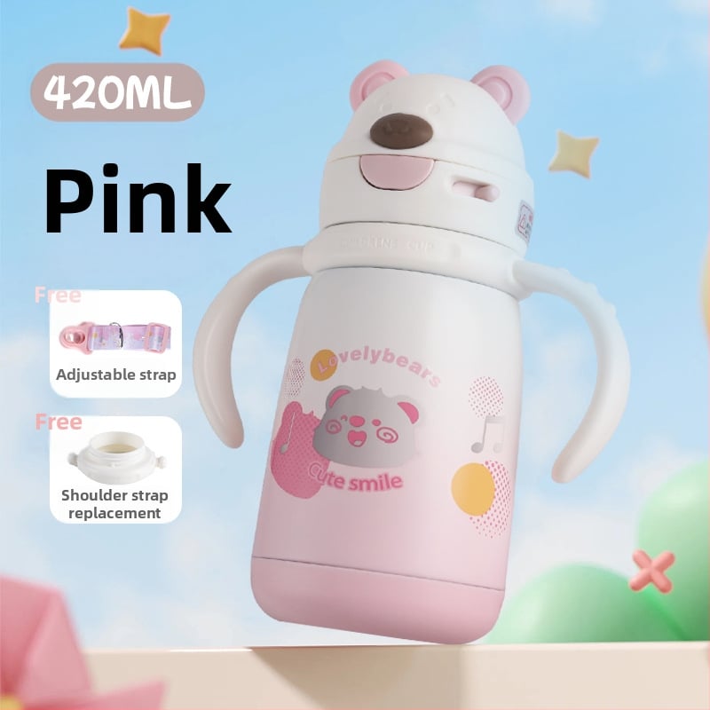 Gyerekeknek szánt hőálló pohár maci fej formájú fogantyúval és hordozókötéllel, belső 316 rozsdamentes acél, 12-24 órás szigetelés, szívószál