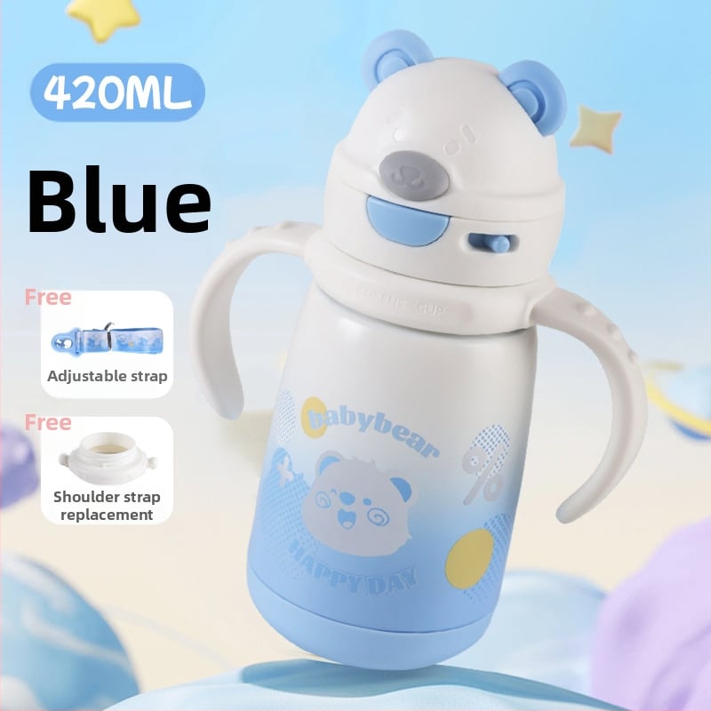 Gyerekeknek szánt hőálló pohár maci fej formájú fogantyúval és hordozókötéllel, belső 316 rozsdamentes acél, 12-24 órás szigetelés, szívószál