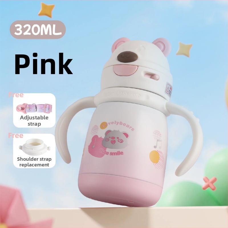 Gyerekeknek szánt hőálló pohár maci fej formájú fogantyúval és hordozókötéllel, belső 316 rozsdamentes acél, 12-24 órás szigetelés, szívószál