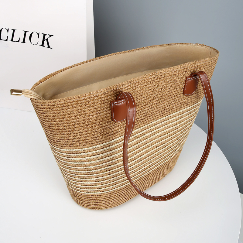 Ručna tkana torba od slame s velikim kapacitetom, gradski minimalistički stil, zatvarač, poliester podloga, vertikalni pravokutni oblik, dvostruki remeni, crossbody, jesen 2025