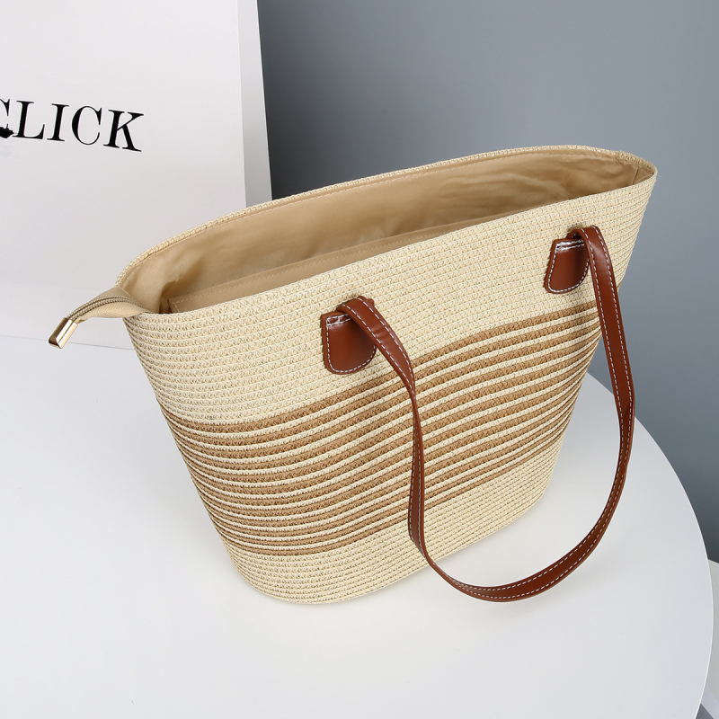 Ručna tkana torba od slame s velikim kapacitetom, gradski minimalistički stil, zatvarač, poliester podloga, vertikalni pravokutni oblik, dvostruki remeni, crossbody, jesen 2025