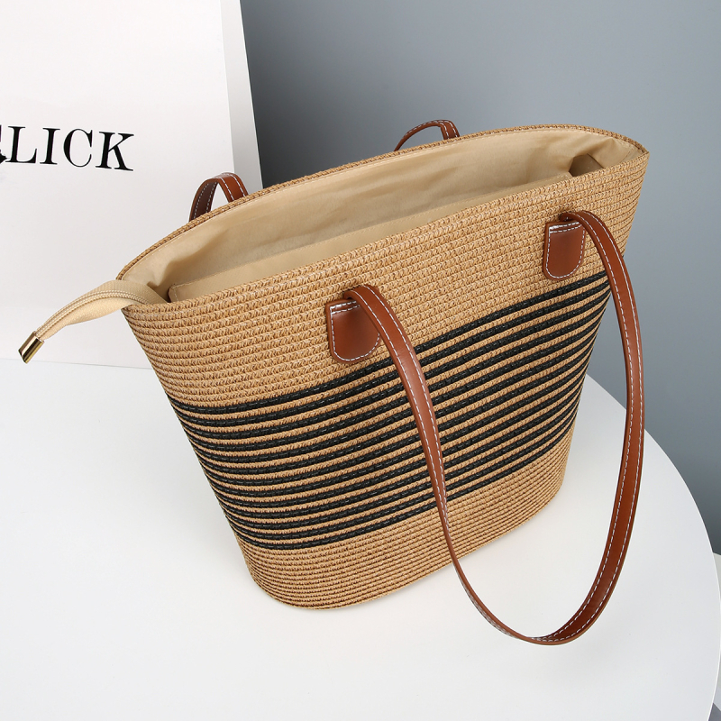 Ručna tkana torba od slame s velikim kapacitetom, gradski minimalistički stil, zatvarač, poliester podloga, vertikalni pravokutni oblik, dvostruki remeni, crossbody, jesen 2025