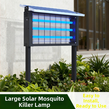 Napelemes szúnyogriasztó lámpa kültérre — vízálló, elektromos sokkoló; lefedettség 100–400 m²; 1500 mAh+ akkumulátor; levehető akkumulátor.