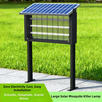 Napelemes szúnyogriasztó lámpa kültérre — vízálló, elektromos sokkoló; lefedettség 100–400 m²; 1500 mAh+ akkumulátor; levehető akkumulátor.