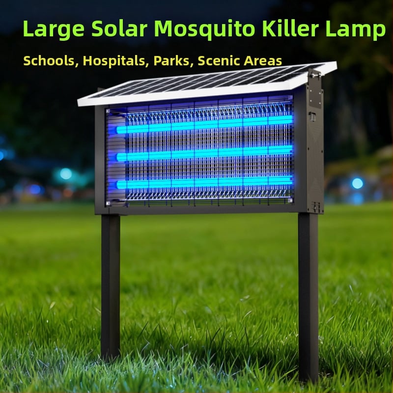 Napelemes szúnyogriasztó lámpa kültérre — vízálló, elektromos sokkoló; lefedettség 100–400 m²; 1500 mAh+ akkumulátor; levehető akkumulátor.