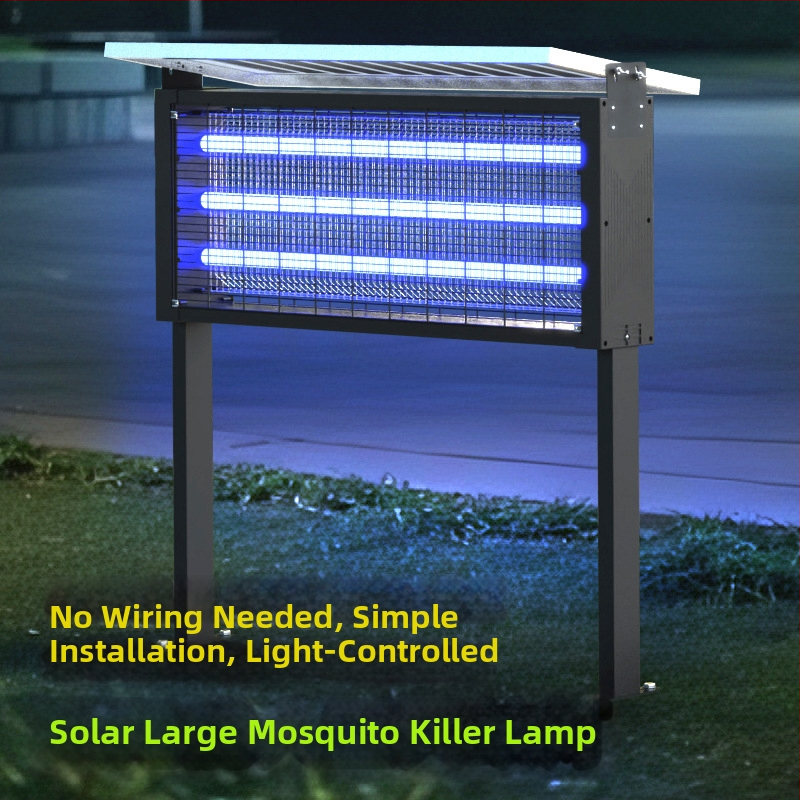 Saulės energijos moskito lempa lauke — atspari lietui, elektrinis šokas naikina uodus; dengimo plotas 100–400 m²; įkraunama baterija 1500 mAh+; išimama baterija.