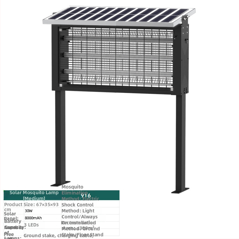 Napelemes szúnyogriasztó lámpa kültérre — vízálló, elektromos sokkoló; lefedettség 100–400 m²; 1500 mAh+ akkumulátor; levehető akkumulátor.