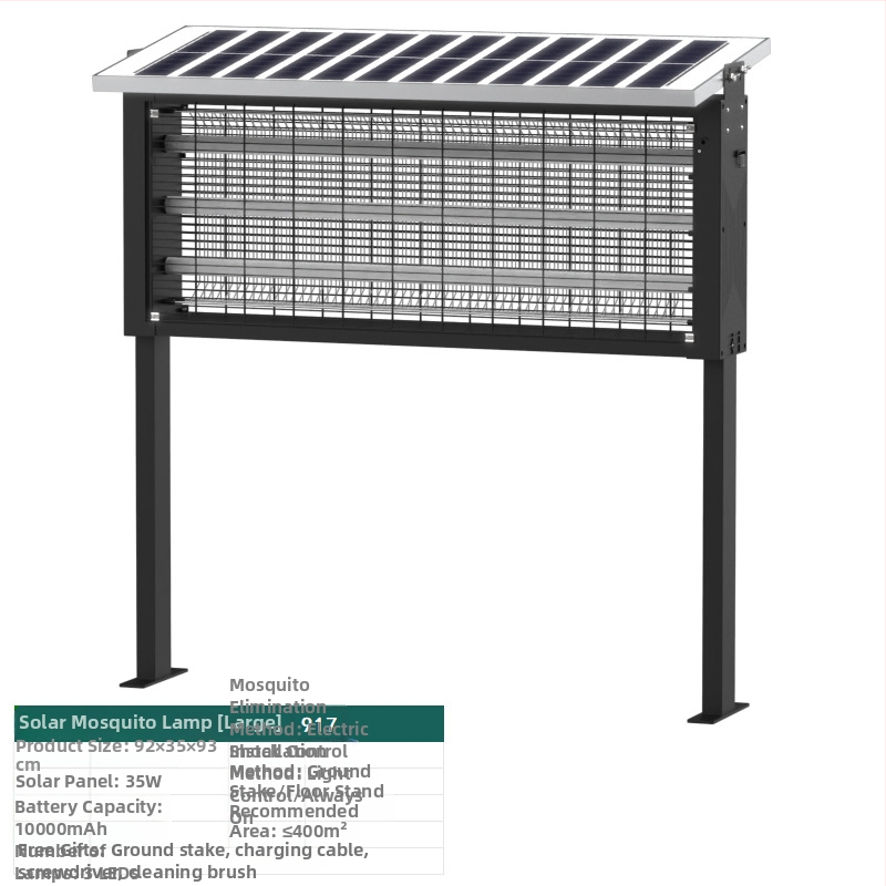 Napelemes szúnyogriasztó lámpa kültérre — vízálló, elektromos sokkoló; lefedettség 100–400 m²; 1500 mAh+ akkumulátor; levehető akkumulátor.