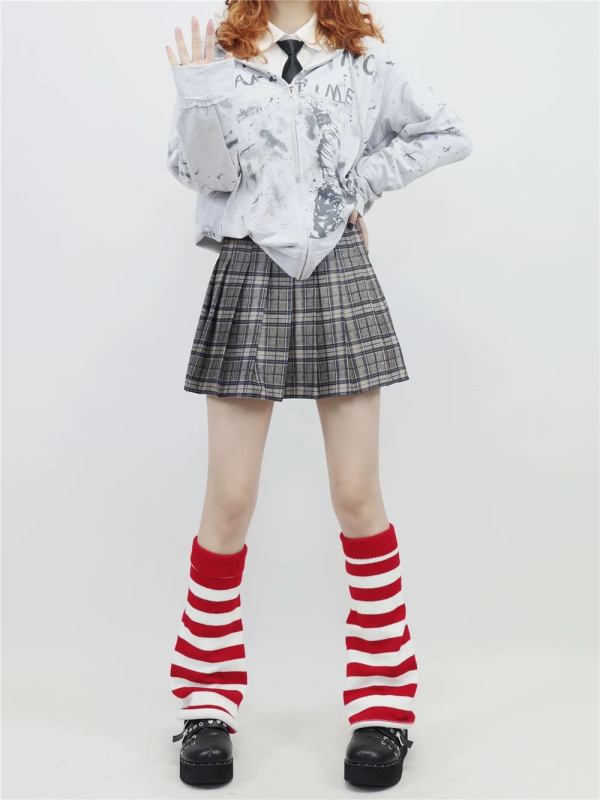 Fan Sakura șosete tricotate în dungi, lungime medie, stil Ins, calde, fibră poliester, leg warmers Y2K, iarna 2024