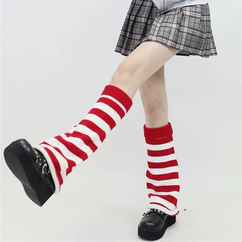 Fan Sakura șosete tricotate în dungi, lungime medie, stil Ins, calde, fibră poliester, leg warmers Y2K, iarna 2024