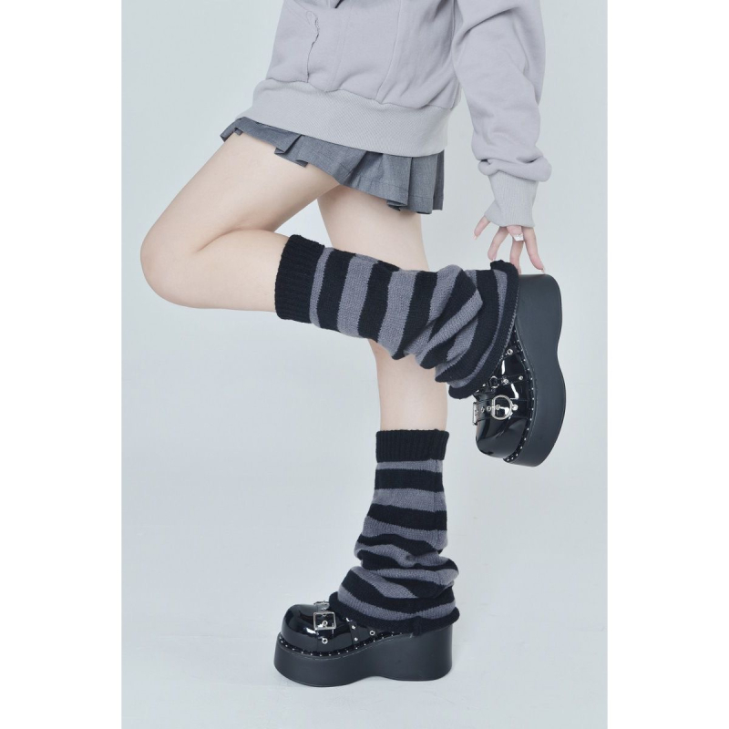 Fan Sakura șosete tricotate în dungi, lungime medie, stil Ins, calde, fibră poliester, leg warmers Y2K, iarna 2024