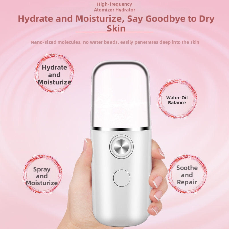 Kaasaskantav nano-spray näo niisutusseade koos sisseehitatud 4000–6000 mAh akuga, külm pihustus, ühekorruseline režiim, udu kestus kuni 10 sekundit, aku elu üle 12 tunni