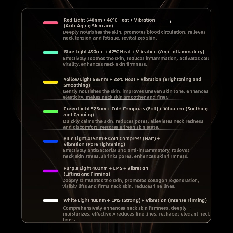 Kakla skaistumkopšanas ierīce ar vibrācijas masāžu, fototerapiju un ledus režīmu; paredzēta pacēšanai, tonizēšanai, grumbu samazināšanai un ādas atjaunošanai (Modeļa DYM063)