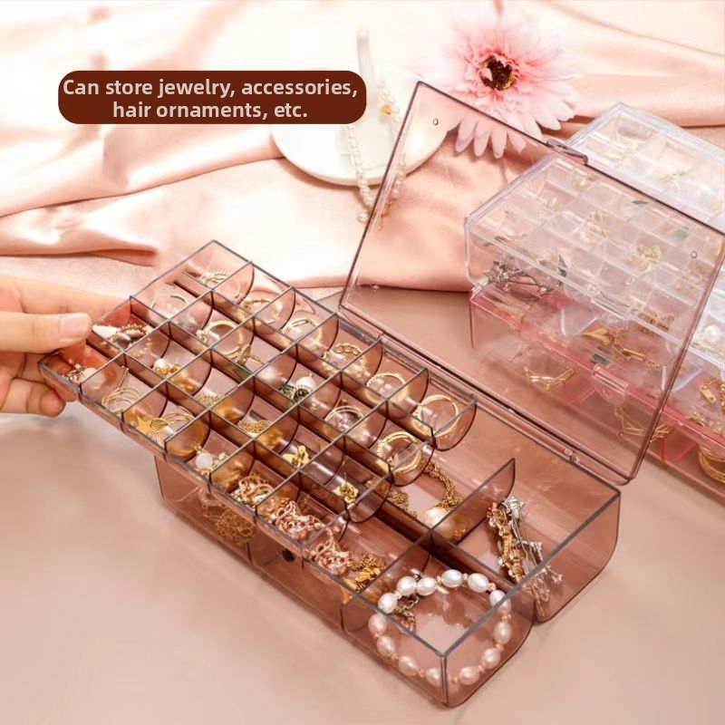 Lagana luksuzna kutija za bižuteriju za prstenje i naušnice s poklopcem, dvostruka plastična kutija za stolno korištenje, zaštićena od prašine i vlage