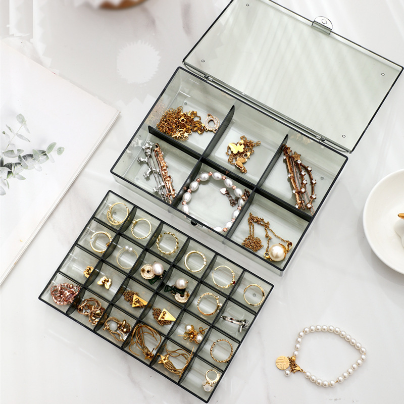 Lagana luksuzna kutija za bižuteriju za prstenje i naušnice s poklopcem, dvostruka plastična kutija za stolno korištenje, zaštićena od prašine i vlage