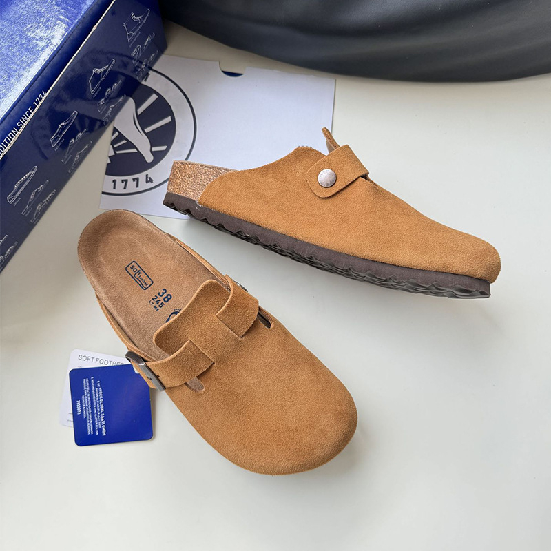 Sandale din piele în stil Birkenstock, vârf din plută, căptușeală din piele naturală, talpă din spumă, talpă plată, grosimea talpii 0–3 cm