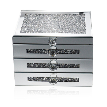 Кутия за бижута със стъклена повърхност и кристални камъни, трислоен настолен организатор, стил лукс, прахоустойчива (стъкло; прахоустойчивост; трислойна; настолен)