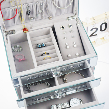 Кутия за бижута със стъклена повърхност и кристални камъни, трислоен настолен организатор, стил лукс, прахоустойчива (стъкло; прахоустойчивост; трислойна; настолен)