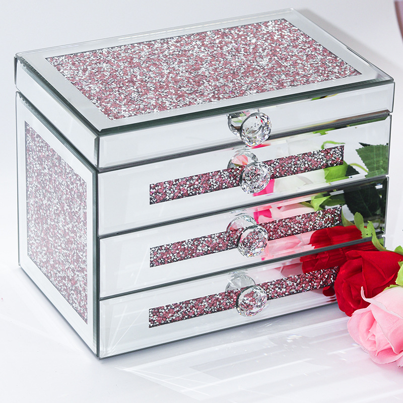 Кутия за бижута със стъклена повърхност и кристални камъни, трислоен настолен организатор, стил лукс, прахоустойчива (стъкло; прахоустойчивост; трислойна; настолен)