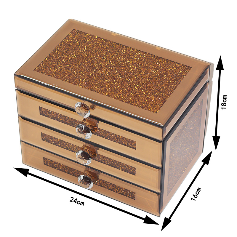 Кутия за бижута със стъклена повърхност и кристални камъни, трислоен настолен организатор, стил лукс, прахоустойчива (стъкло; прахоустойчивост; трислойна; настолен)
