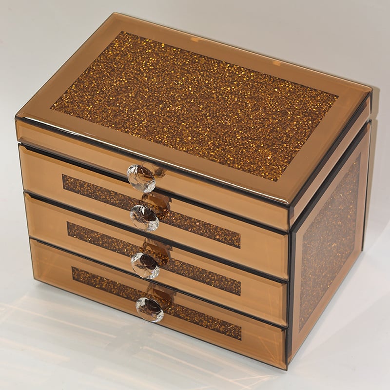 Кутия за бижута със стъклена повърхност и кристални камъни, трислоен настолен организатор, стил лукс, прахоустойчива (стъкло; прахоустойчивост; трислойна; настолен)