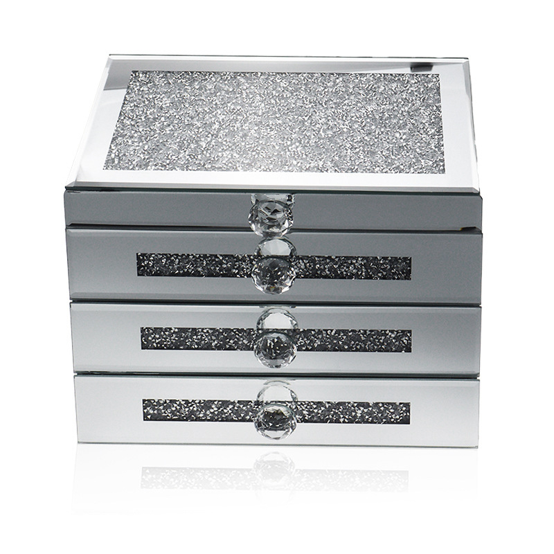 Кутия за бижута със стъклена повърхност и кристални камъни, трислоен настолен организатор, стил лукс, прахоустойчива (стъкло; прахоустойчивост; трислойна; настолен)
