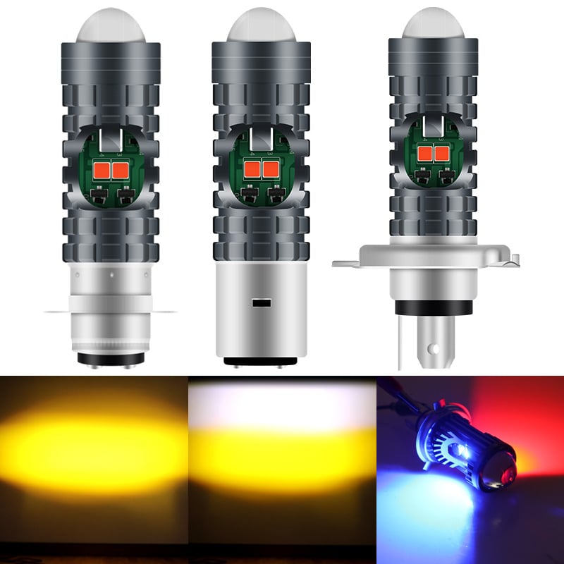 LED prednje svjetlo za motocikl BA20D/H4/P15D, bijelo-žuti visok i nizak snop, upozoravajuće fisheye svjetlo crveno-plavo
