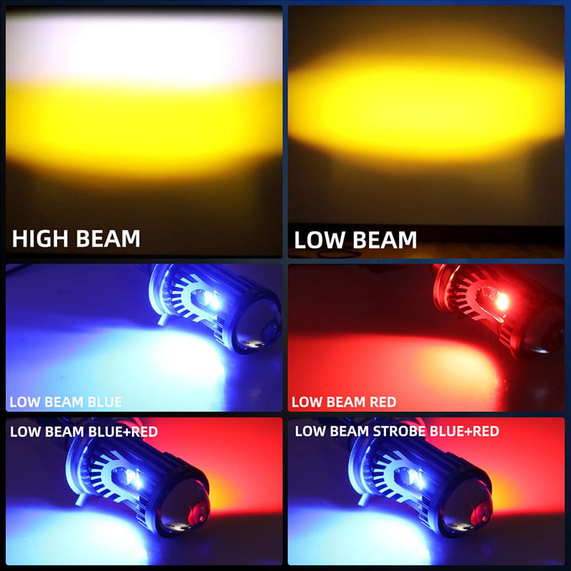 LED prednje svjetlo za motocikl BA20D/H4/P15D, bijelo-žuti visok i nizak snop, upozoravajuće fisheye svjetlo crveno-plavo
