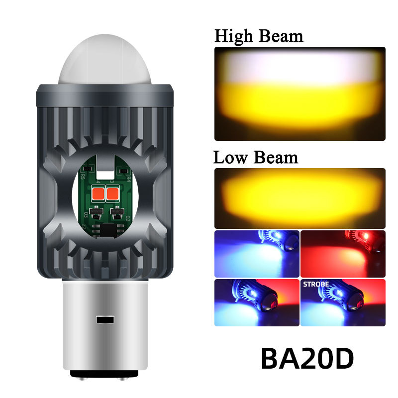 LED prednje svjetlo za motocikl BA20D/H4/P15D, bijelo-žuti visok i nizak snop, upozoravajuće fisheye svjetlo crveno-plavo
